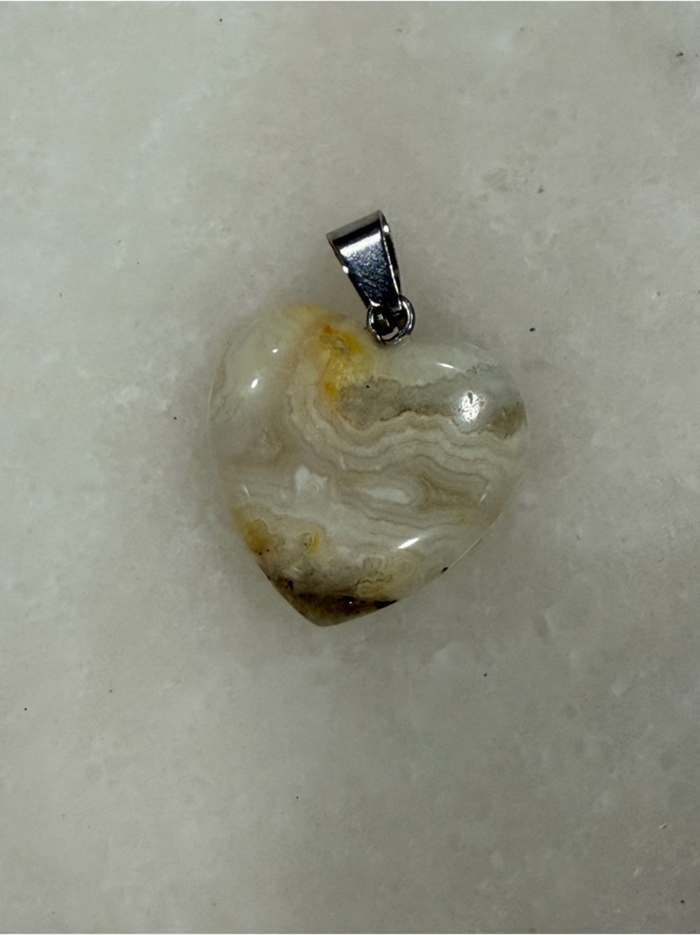 Hand Crafted Heart Lace Agate Pendant in Cream, Tan and Yellow Accents